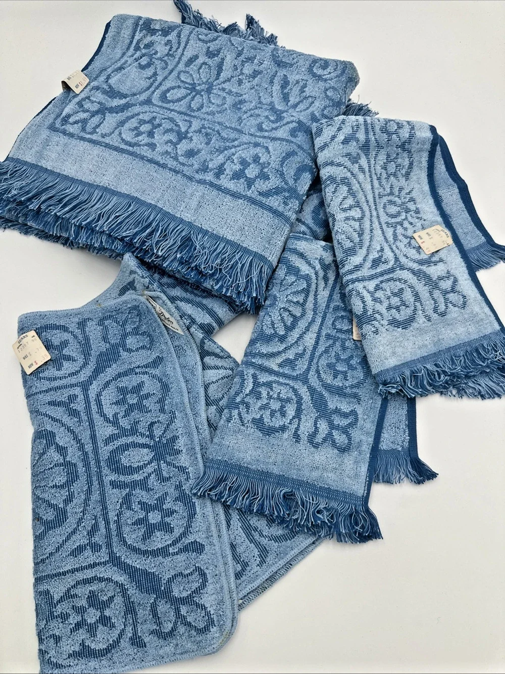 Sears Drylon Blue Sculpted 2 Bath, 2 Hand & 2 Washcloth Towels Fringe NEW